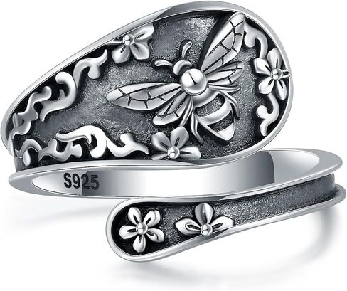 خاتم ملعقة عتيقة من الفضة الإسترلينية عيار 925 قابل للتعديل للنساء - مجوهرات عتيقة على شكل نحلة أوبال عباد الشمس وطائر الطنان ومجوهرات كاردينال لعيد الميلاد وعيد الحب وعيد الأم للأم وابنتها والزوجة in Kuwait