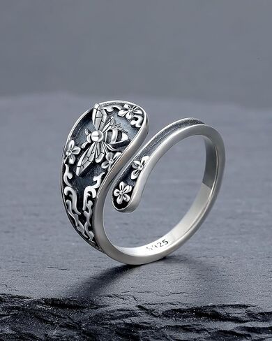 خاتم ملعقة عتيقة من الفضة الإسترلينية عيار 925 قابل للتعديل للنساء - مجوهرات عتيقة على شكل نحلة أوبال عباد الشمس وطائر الطنان ومجوهرات كاردينال لعيد الميلاد وعيد الحب وعيد الأم للأم وابنتها والزوجة in Kuwait