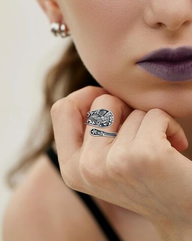 خاتم ملعقة عتيقة من الفضة الإسترلينية عيار 925 قابل للتعديل للنساء - مجوهرات عتيقة على شكل نحلة أوبال عباد الشمس وطائر الطنان ومجوهرات كاردينال لعيد الميلاد وعيد الحب وعيد الأم للأم وابنتها والزوجة in Kuwait