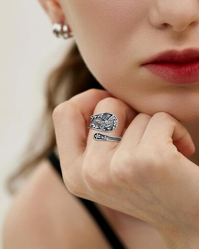 خاتم ملعقة عتيقة من الفضة الإسترلينية عيار 925 قابل للتعديل للنساء - مجوهرات عتيقة على شكل نحلة أوبال عباد الشمس وطائر الطنان ومجوهرات كاردينال لعيد الميلاد وعيد الحب وعيد الأم للأم وابنتها والزوجة in Kuwait