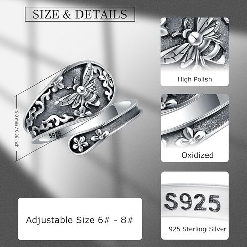 خاتم ملعقة عتيقة من الفضة الإسترلينية عيار 925 قابل للتعديل للنساء - مجوهرات عتيقة على شكل نحلة أوبال عباد الشمس وطائر الطنان ومجوهرات كاردينال لعيد الميلاد وعيد الحب وعيد الأم للأم وابنتها والزوجة in Kuwait