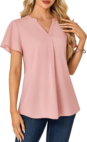 KIFOVEN Women's Summer Dressy Chiffon Blouse Notch V Neck Ruffle Short Sleeve Tunic Shirt Tops in Saudi Arabia