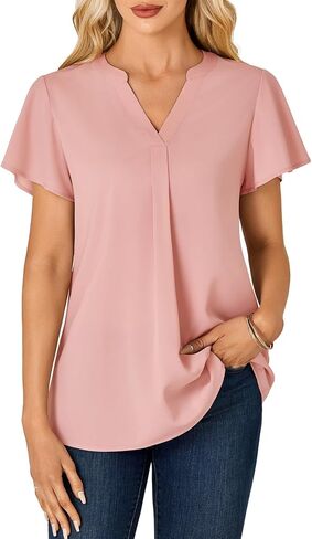 KIFOVEN Women's Summer Dressy Chiffon Blouse Notch V Neck Ruffle Short Sleeve Tunic Shirt Tops in Saudi Arabia