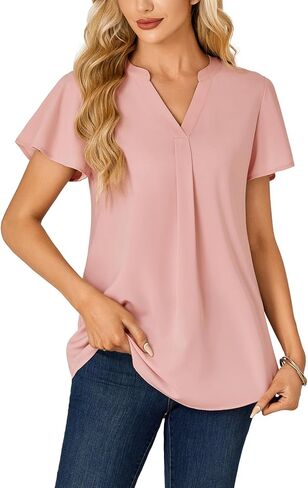 KIFOVEN Women's Summer Dressy Chiffon Blouse Notch V Neck Ruffle Short Sleeve Tunic Shirt Tops in Saudi Arabia
