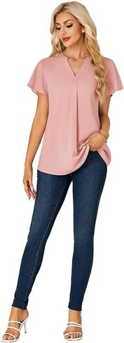 KIFOVEN Women's Summer Dressy Chiffon Blouse Notch V Neck Ruffle Short Sleeve Tunic Shirt Tops in Saudi Arabia