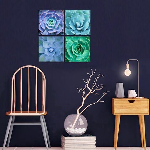 iKNOW FOTO Canvas Set of 4 Wall Art Green Blue Succulent Plant Pictures Giclee Prints Botanical Photography Gallery Wrap Modern Home Decor Ready to Hang 16x16inchx4pcs in Kuwait