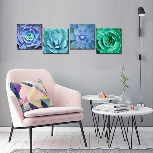 iKNOW FOTO Canvas Set of 4 Wall Art Green Blue Succulent Plant Pictures Giclee Prints Botanical Photography Gallery Wrap Modern Home Decor Ready to Hang 16x16inchx4pcs in Kuwait