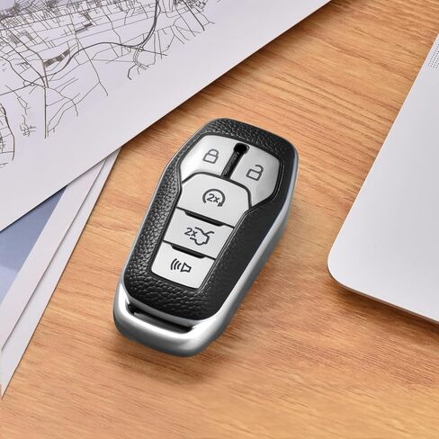 Soft TPU Key Fob Case Cover for Ford,Compatible with Ford F150 Explorer Accessories 2013-2016 Ford Fusion 2015-2017 Ford Mustang Edge 5 Buttons Smart Car Key, Leather Silver in Saudi Arabia