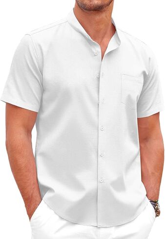 COOFANDY Men's Casual Button Down Cotton Shirts Short Sleeve Band Collar Beach Summer Shirt Tops in Saudi Arabia