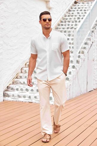 COOFANDY Men's Casual Button Down Cotton Shirts Short Sleeve Band Collar Beach Summer Shirt Tops in Saudi Arabia