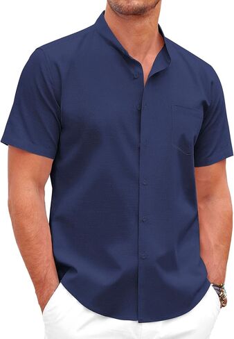 COOFANDY Men's Casual Button Down Cotton Shirts Short Sleeve Band Collar Beach Summer Shirt Tops in Saudi Arabia