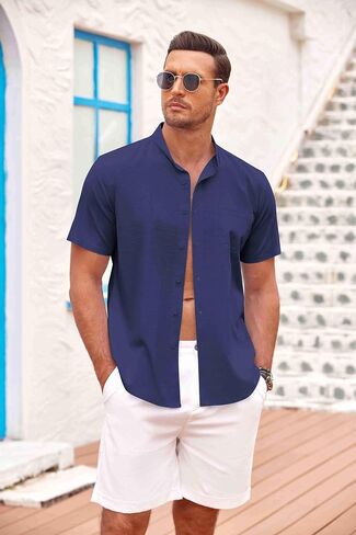 COOFANDY Men's Casual Button Down Cotton Shirts Short Sleeve Band Collar Beach Summer Shirt Tops in Saudi Arabia