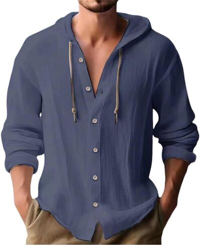Linen Shirts for Men Casual Button Shirts Summer Cotton Linen Hoodie Beach Long Sleeve Shirts Top with Hood in Kuwait