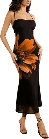 SOLY HUX Women's Floral Print Mesh Bodycon Cami Dress Criss Cross Tie Backless Long Dresses in Saudi Arabia