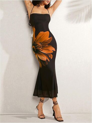 SOLY HUX Women's Floral Print Mesh Bodycon Cami Dress Criss Cross Tie Backless Long Dresses in Saudi Arabia
