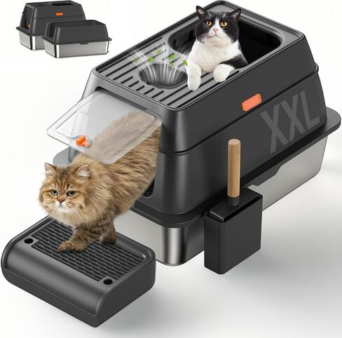 Stainless Steel Litter Box with Lid, XL Extra Large Litter Box for Big Cats, Enclosed High Sided Metal Litter Box, Three-Layer Design, Rejecting-Odor, Anti-Leakage, Included Spoon & Pedal in Saudi Arabia