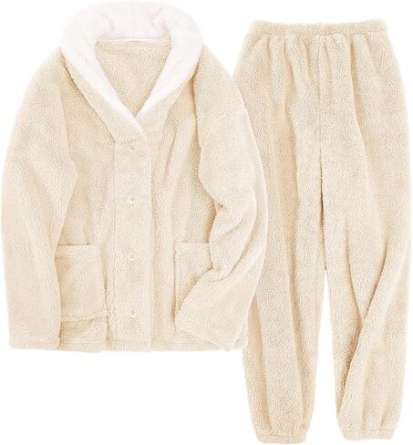 Fluffy Pajamas Set for Women Fleece Pjs Sets Button Down Sleepwear Pullover Fuzzy Pants Winter Plush Loungewear in Kuwait