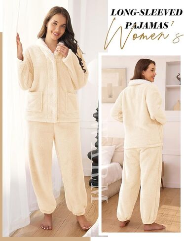 Fluffy Pajamas Set for Women Fleece Pjs Sets Button Down Sleepwear Pullover Fuzzy Pants Winter Plush Loungewear in Kuwait