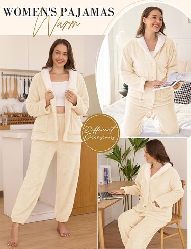 Fluffy Pajamas Set for Women Fleece Pjs Sets Button Down Sleepwear Pullover Fuzzy Pants Winter Plush Loungewear in Kuwait