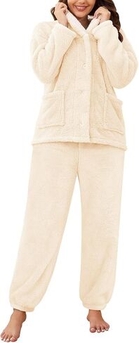 Fluffy Pajamas Set for Women Fleece Pjs Sets Button Down Sleepwear Pullover Fuzzy Pants Winter Plush Loungewear in Kuwait