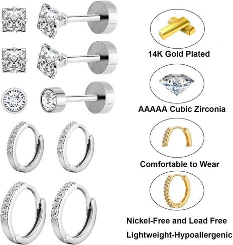 Flat Back Stud Earrings Hypoallergenic Surgical Steel Earrings for Sensitive Ears 14K Gold Flat Back Earrings for Women Men, Flatback Stud Hoop Cartilage Earring Set for Multiple Piercing in Saudi Arabia