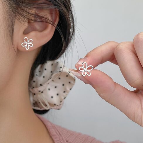 Reffeer Solid 925 Sterling Silver Flower Stud Earrings for Women Teens Hollow Flower Stud Earrings Spring in Kuwait
