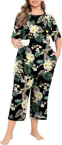 Womens Plus Size 2 Piece Pajama Set Soft Short Sleeve Capri Pants Sleepwear Lounge Set Knit Soft Pjs with Pockets in Saudi Arabia