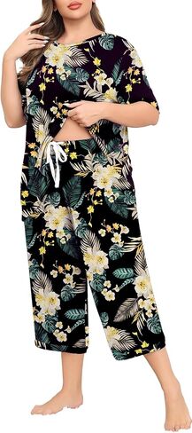 Womens Plus Size 2 Piece Pajama Set Soft Short Sleeve Capri Pants Sleepwear Lounge Set Knit Soft Pjs with Pockets in Saudi Arabia