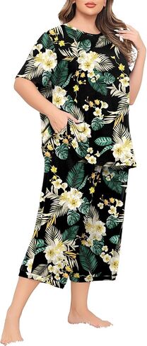 Womens Plus Size 2 Piece Pajama Set Soft Short Sleeve Capri Pants Sleepwear Lounge Set Knit Soft Pjs with Pockets in Saudi Arabia