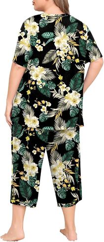 Womens Plus Size 2 Piece Pajama Set Soft Short Sleeve Capri Pants Sleepwear Lounge Set Knit Soft Pjs with Pockets in Saudi Arabia