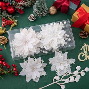 24 Pcs Pink Christmas Poinsettia Artificial Flowers and Glitter Berries Stems Kit, Christmas Poinsettias Decorations and Christmas Tree Ornaments for Xmas Wedding Holiday Home Tree Decor