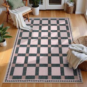 Lahome Pink Checkered Rugs 8x10 for Bedroom, Washable Kids Rugs for Playroom Large Living Room Rug, Modern Checkerboard Classroom Rug Stain Resistant Dining Room Rugs for Under Table Home Office