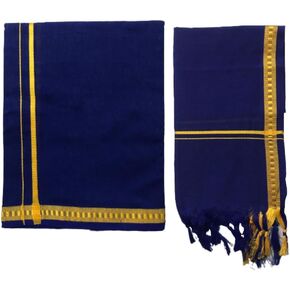 Kolakeer™ Men's Cotton Color Dhoti Angavastram Set - 1.9 Mtrs Dhoti with 1.2 Mtrs Angavastram - Kerala Pentex Mundu Set