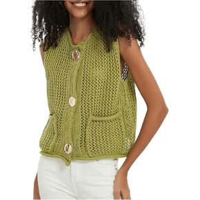 MakeMeChic Women's Sleeveless Sweater Tops Crochet Sweater Vest Top Crew Neck Button Down Vest Top with Pocket