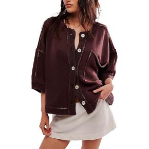 Women's Open Front Cardigan Sweatshirt Oversized Button Down 3/4 Sleeve Knit Loose Fall Winter Cropped Cardigan Coats