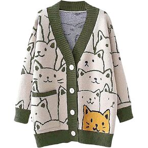 Wyeysyt Cat Sweater for Women Casual Button Down V Neck Cable Knit Cardigan Cute Kawaii Cartoon Cardigan Coat in Kuwait