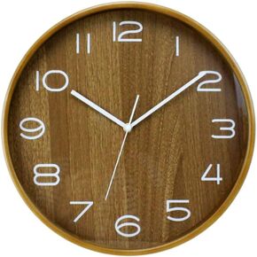 Wall Clock, 12-Inch Silent Wood Wall Clocks Battery Operated Non-Ticking Quartz Easy to Read Large Numbers Round for Office Bedroom Living Room Kitchen Indoor Decorative KSZ1230B Brown Color