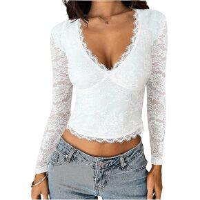 Milumia Women's Floral Lace Low Cut Deep V Neck Sheer Mesh Long Sleeve Crop Shirt Y2K Going Out Tops