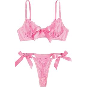 GORGLITTER Women's 2 Piece Lingerie Set Lace Bow Push Up Bra and Sexy Panty Sets