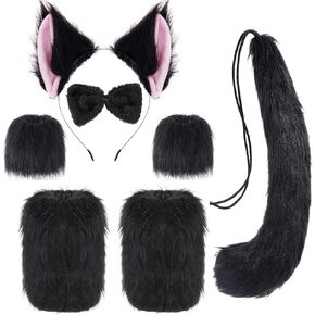 5 PCS Cat Costume Women Faux Fur Fox Ears Headband Bow Tie Wolf long Tail Hand Cuff Leg Wammer Cosplay Sets for Halloween Christmas Party (Black)