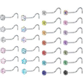 ZS 26PCS 20g Surgical Stainless Steel Tiny Cubic Zirconia Nose Stud Ring Piercing Nose Screw Rings Set