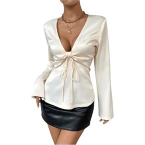 Floerns Women's Satin Flare Long Sleeve Bow Shirts Deep V Neck Cute Blouse Tops
