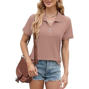 Womens Short Sleeve Tops and Blouses Zippered Collared Business Casual Tops Loose Fit Work Polo Shirts Tunic Shirt