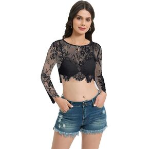 Women's Lace Short Top Scoop Neck Long Sleeve Slim T Shirt Sexy See Through Mesh Crop Top Soft Lace Floral Blouse