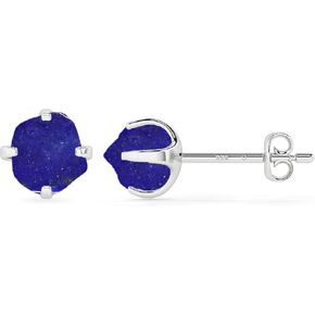 Natural Rough Lapis Lazuli Stud Earrings for Women in Sterling Silver, September Birthstone Jewelry Gifts for Her Birthday, Anniversary, Graduation (Prong-Set, 6x5.5mm)