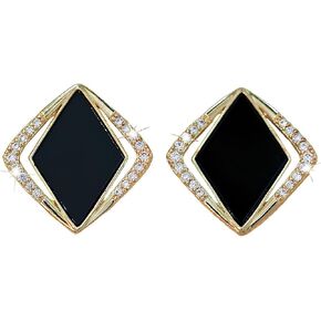 Minimalist Black Onyx Stud Earrings with CZ - Geometric Vintage Design, Oval Square Vintage Geometric Drop Earrings with Rhinestone for Women