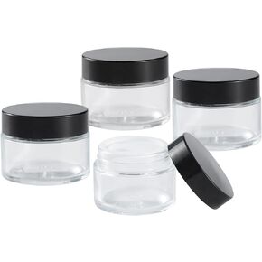 OverNews 2oz Glass Jar Travel Size, 4PCS Empty Cosmetic Lotion Container with Black Lid & Spatula, Small Mini Jar for Beauty (Clear)