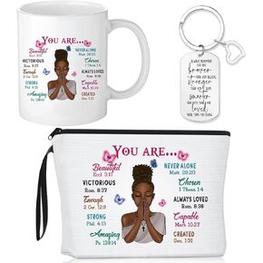 Reginary 3 Pcs Christian Gifts for African American Women Bible Verse Makeup Bag Christian Pencil Pouch 11 oz Religious Coffee Mug Inspirational Keychain Faith Based You Are Loved Gifts