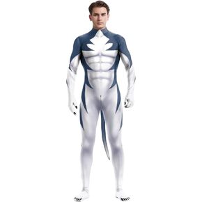 Men's Halloween Bodysuit Muscle Animal Printed Cosplay Skinny Catsuit Fullbody Jumpsuit Costumes with Tail
