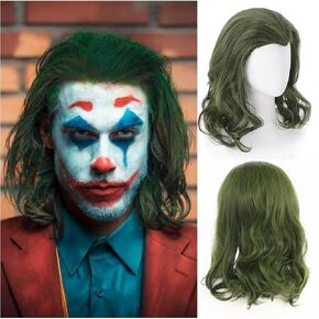 Green Male Wig Cosplay Mens Green Wig Fluffy Clown Wig Heat Resistant Synthetic Wavy Halloween Cosplay Costume Unisex Wig (Green)